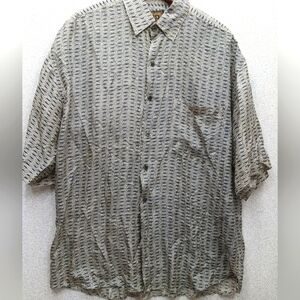 Bruno Men Button Up Shirt Medium Black Beige 100% Silk Hawaiian Short Sleeve